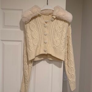 Women's Cream Cable Knit Sweater with Faux Fur Collar